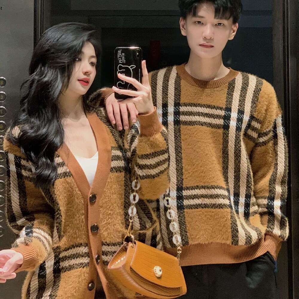 2024 Couple Outfits Autumn Winter New Niche Design Plaid Women Cardigan Knitted Men Pullover Sweater Cotton