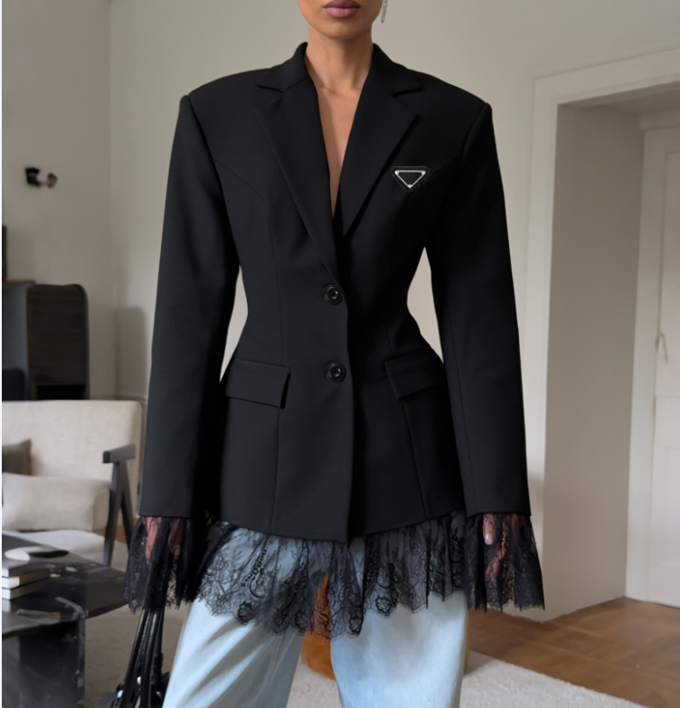 Fashion Casual Women Blazers Designer Black Suit French Trend Lace Panelled Female Blazer Jacket Slim Fit Office Lady Outerwear Coat Spring Autum