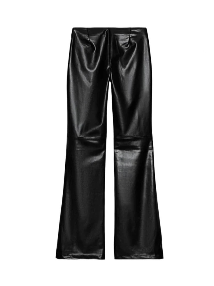 Women PU Leather Low Waist Flared Pants Vintage Solid Lace Up Pleated Slim Black Long Trouser Female Chic Casual High Pants 251216