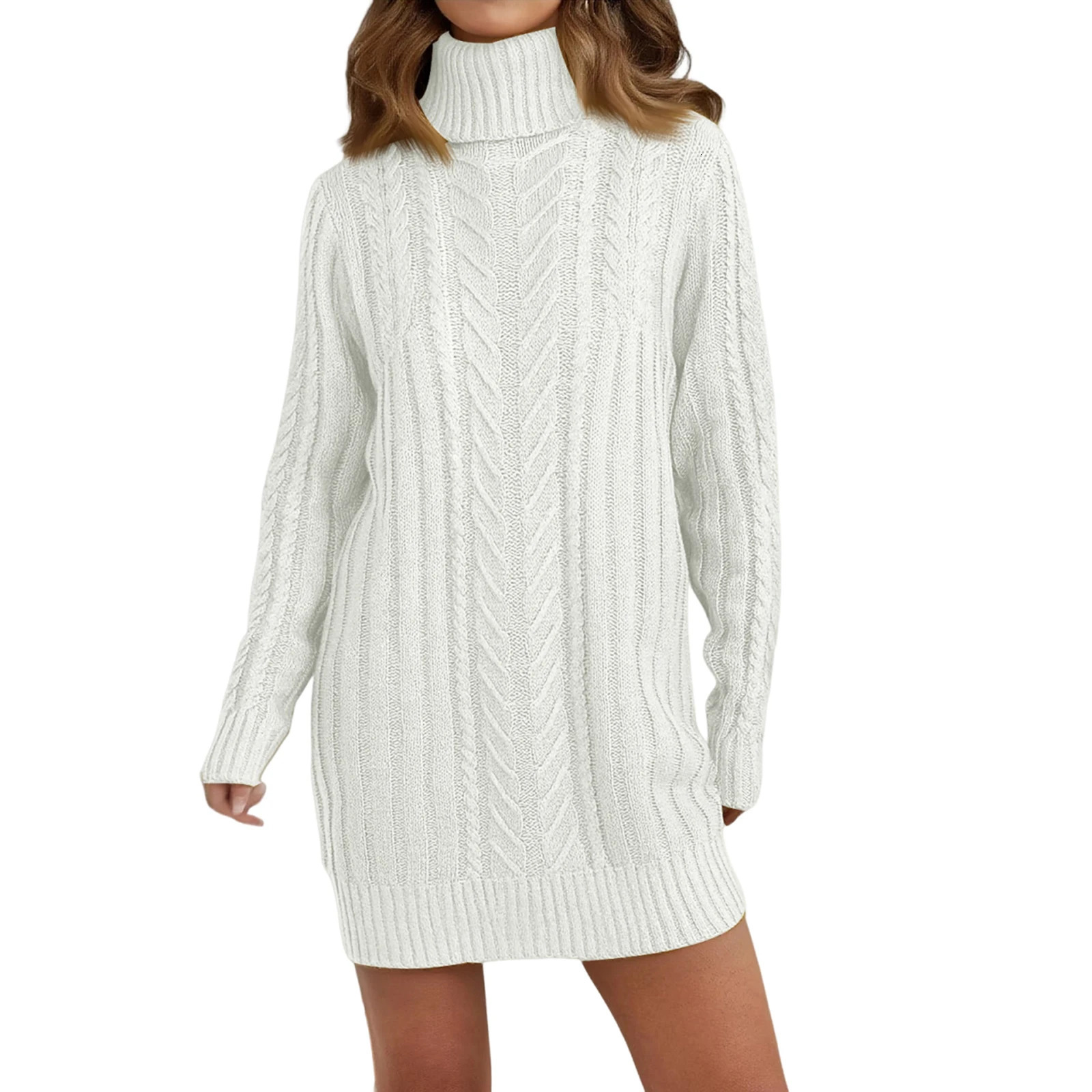 Womens Sweater Dress Autumn Winter Slim Knit Turtleneck Cable Pattern Long Sleeve Knitted Gown 251217