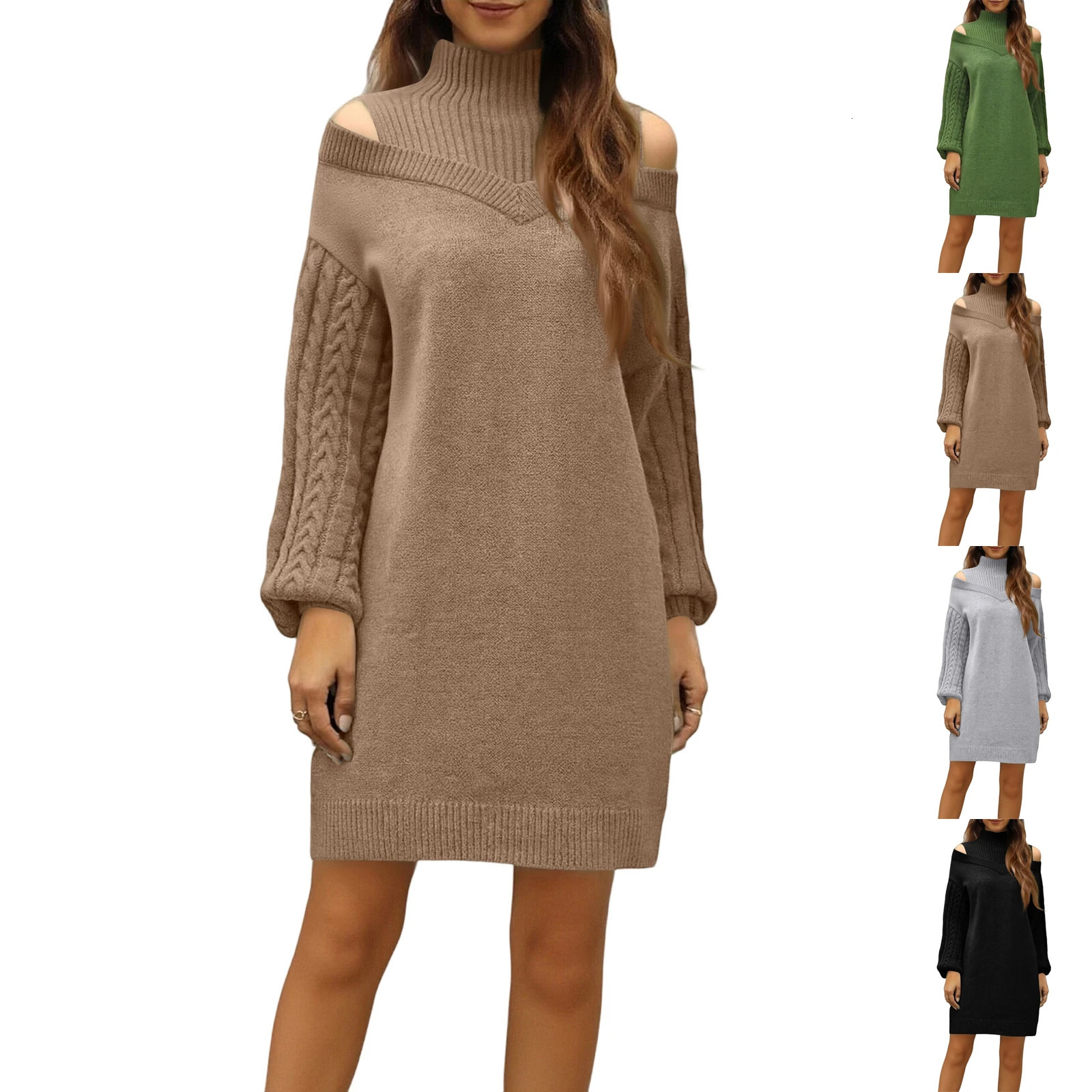 Fashion Winter Womens Solid Color Long Sleeve Dress HalfHigh Neck OffShoulder Knitted Daily Casual 251217
