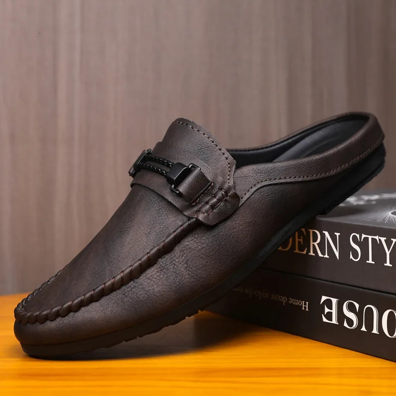 Summer Leather Men Half Slippers Breathable Mens Casual Slip on Lazy Driving Shoes Comfortable Walking Loafers Moccasins 251218
