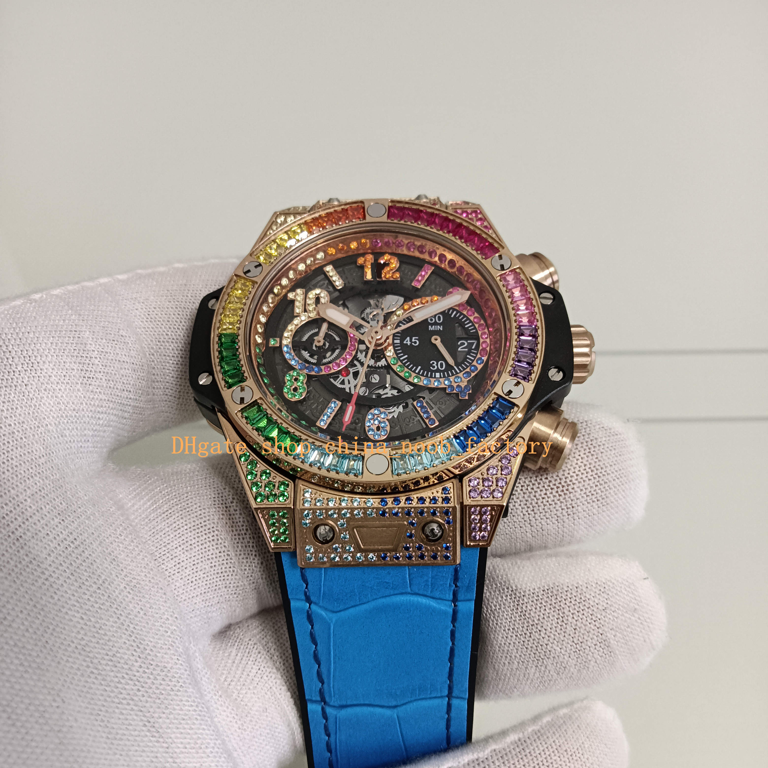 Photo réelle Montres chronographes en or rose pour hommes Modèle à quartz Cadran noir Chrono Everose Rouge Bleu Arc-en-ciel Lunette en diamant Br