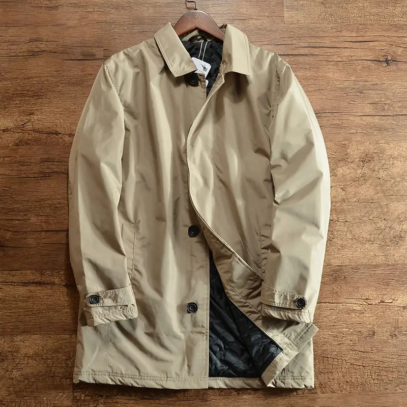 Coupe-vent élégant pour hommes, veste en coton simple de style coréen pour la chaleur en hiver, trench-coat à revers de longueur moyenne boutonné