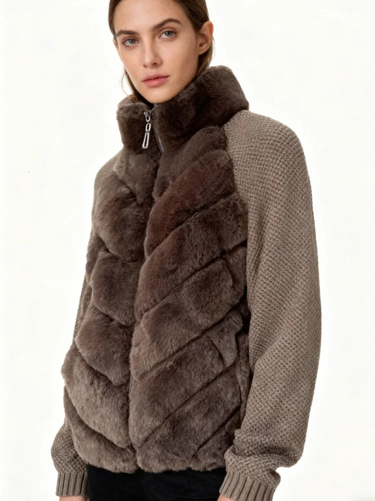 Fur Panel Knit Sleeve Gilet Jacket Quilted Zip-front Stand Collar 2026 Winter Warm Casual Women Sweater Fashion Cozy Lady Coat 251212