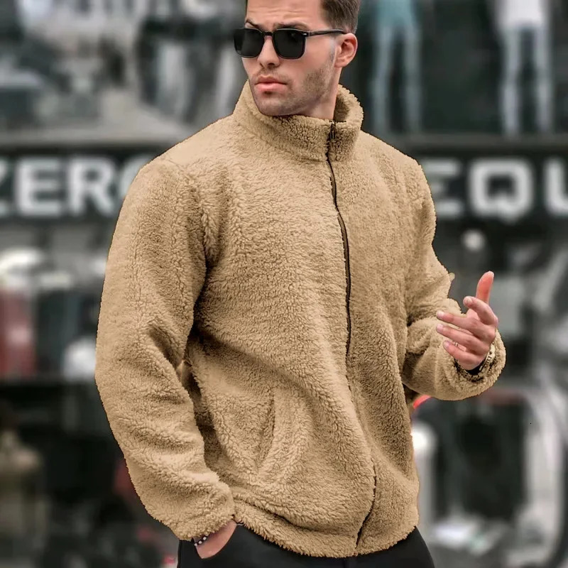 Casual Mens Flce Lined Zipper Long Slve Pure Color Shirt Fashionle Bule Jket Regular Length Loose Style L26924