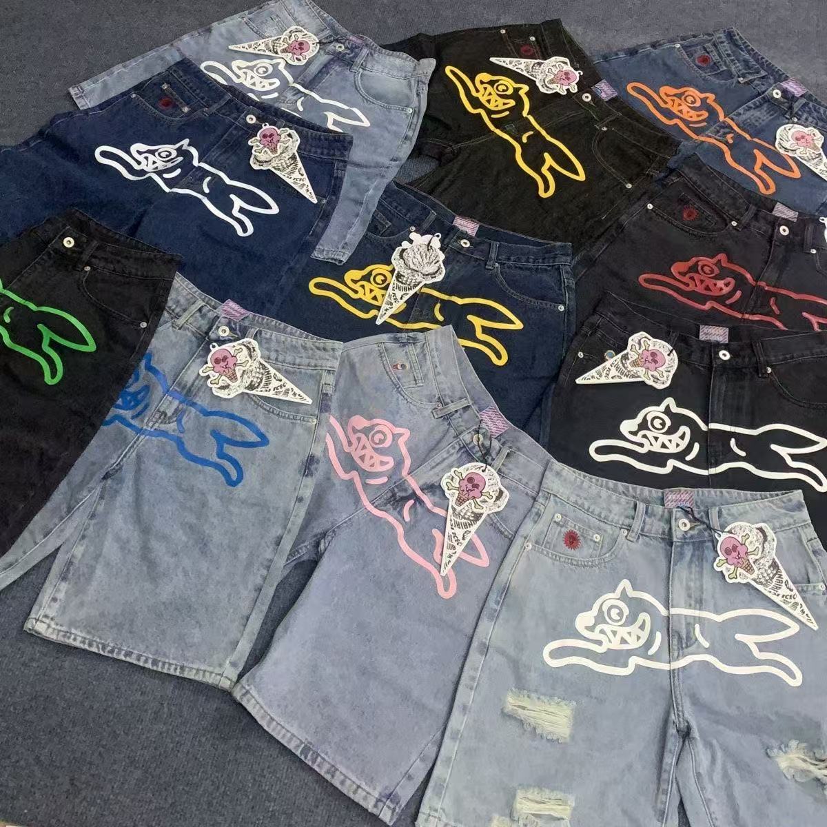 Icecream Jeans Designer Mens Baggy BBC Flying Dog Pattern Print Denim Shorts High Street Y2k Hip Hop Vintage Washed Jeans Women Skinny Slim High-Qua