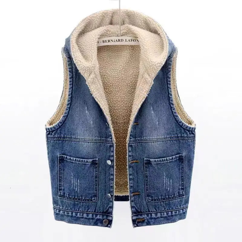 Coat Women Denim Coats Hooded Lamb Wool Jackets Vests Y2k Streetwear Work Casual Elegant Splice Jacket 2025 Autumn Winter 251219