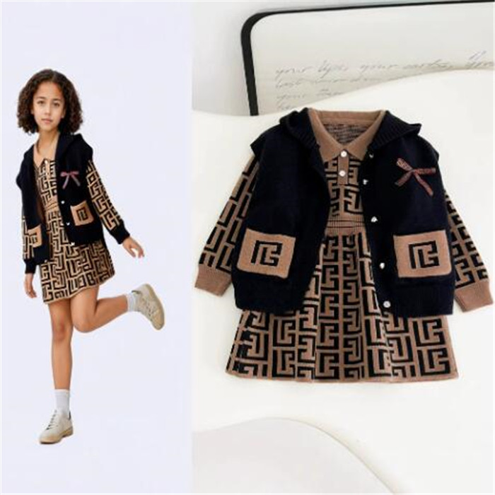 Ensembles de vêtements de créateurs pour enfants, robes à revers + gilet à capuche, vêtements à la mode pour enfants, costume tricoté