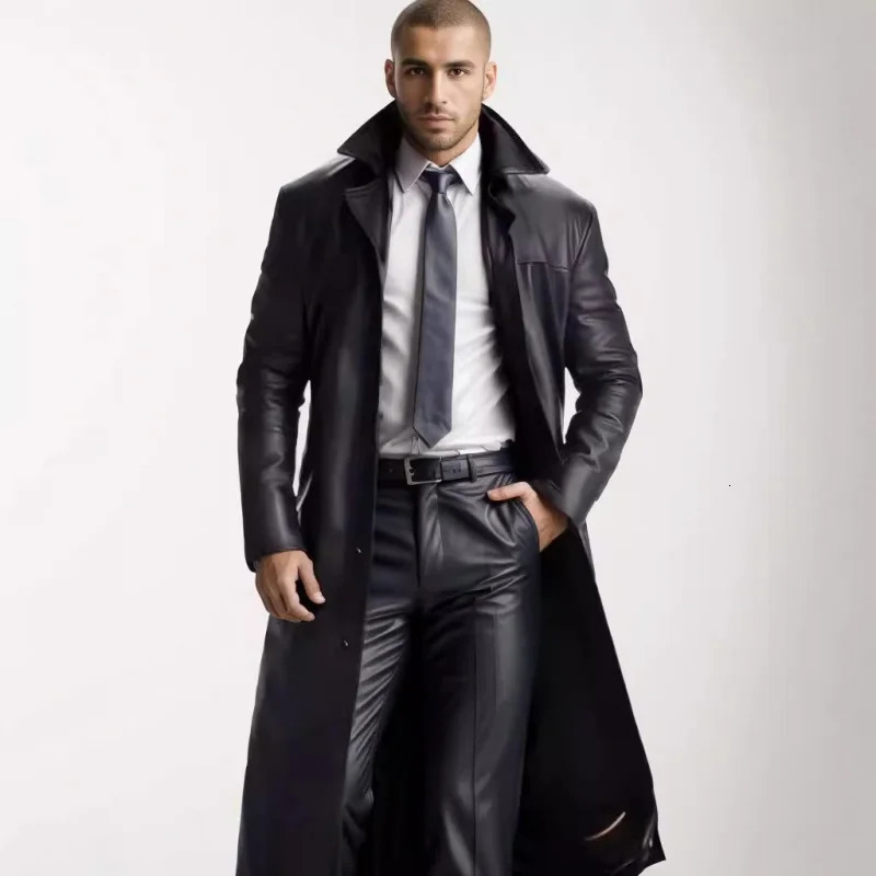 Selling in Stock Mens Extended Trench Coat Fashion ExtendedPULeather Slim Fit Leather 251211
