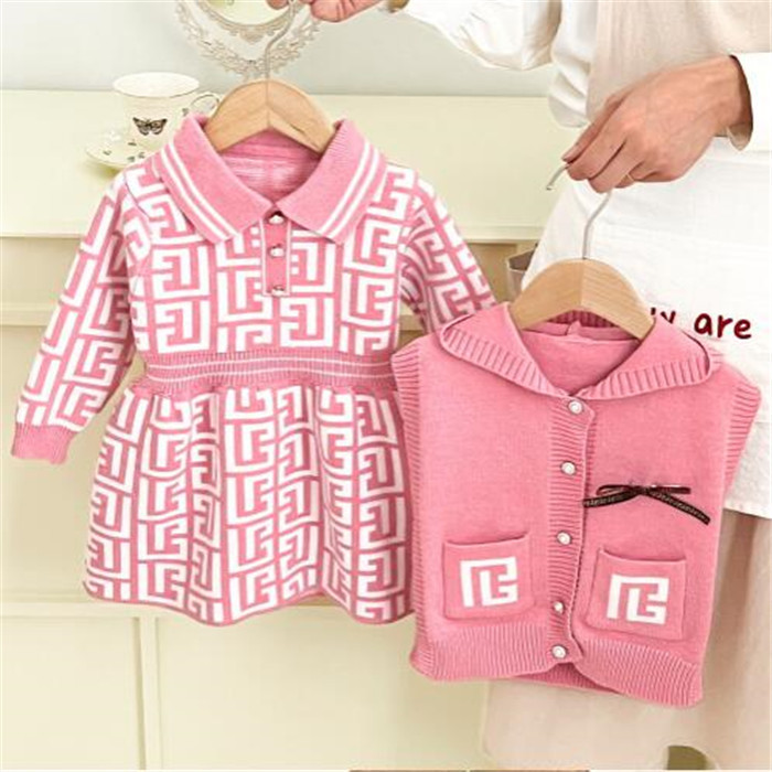 Designer Kids Clothing Sets Girls Lapel Dresses +Hooded Vest 3-piece Outfits Fashion Children Clothe Knitted Dress Suit