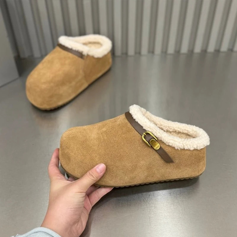 Daim Appartements Femmes Mules Chaussures Hiver Fourrure Chaud Coton Pantoufles Courtes En Peluche Plate-Forme Femme Bottes De Neige Slingback Mu