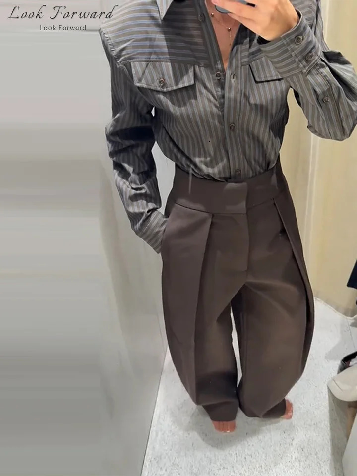 Vintage Stripe Shirt Pant Sets Womens Lapel Single breasted Tops Front Pleated Trousers 2025 Ladies Autumn Solid Streetwear 251219 bd