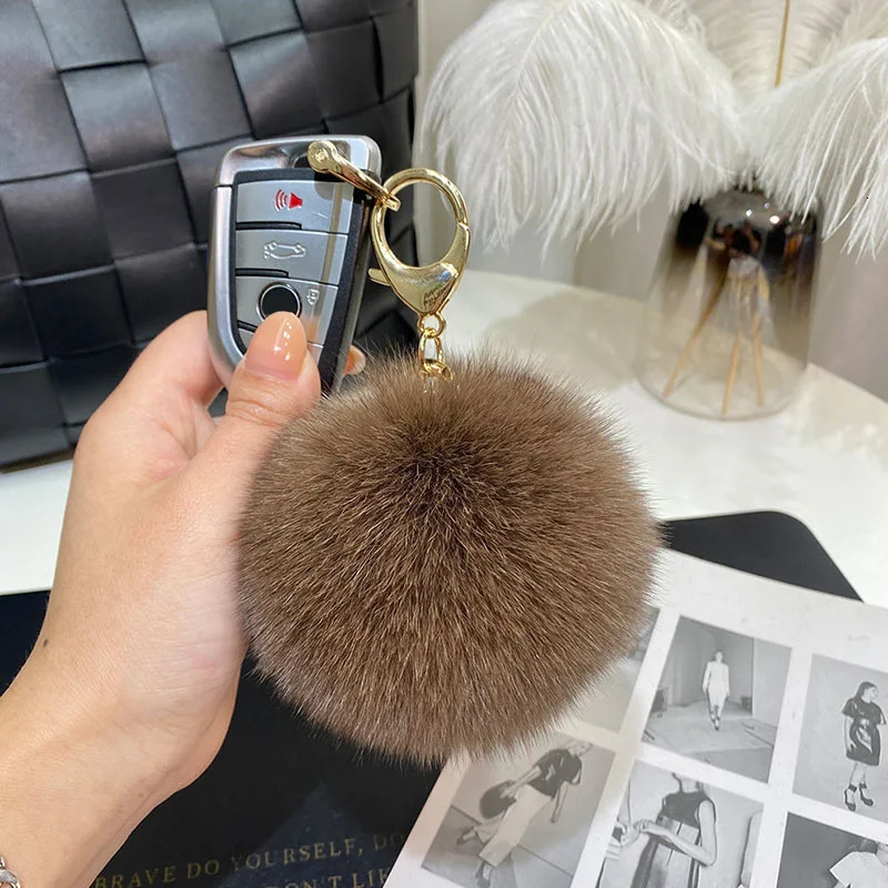 Big 9cm Fluffy Real Fox Fur Ball Pom Poms Natural Fur Pompom Leather Strap Keychain Key Chain Ring Pendant For Women Charm 251219