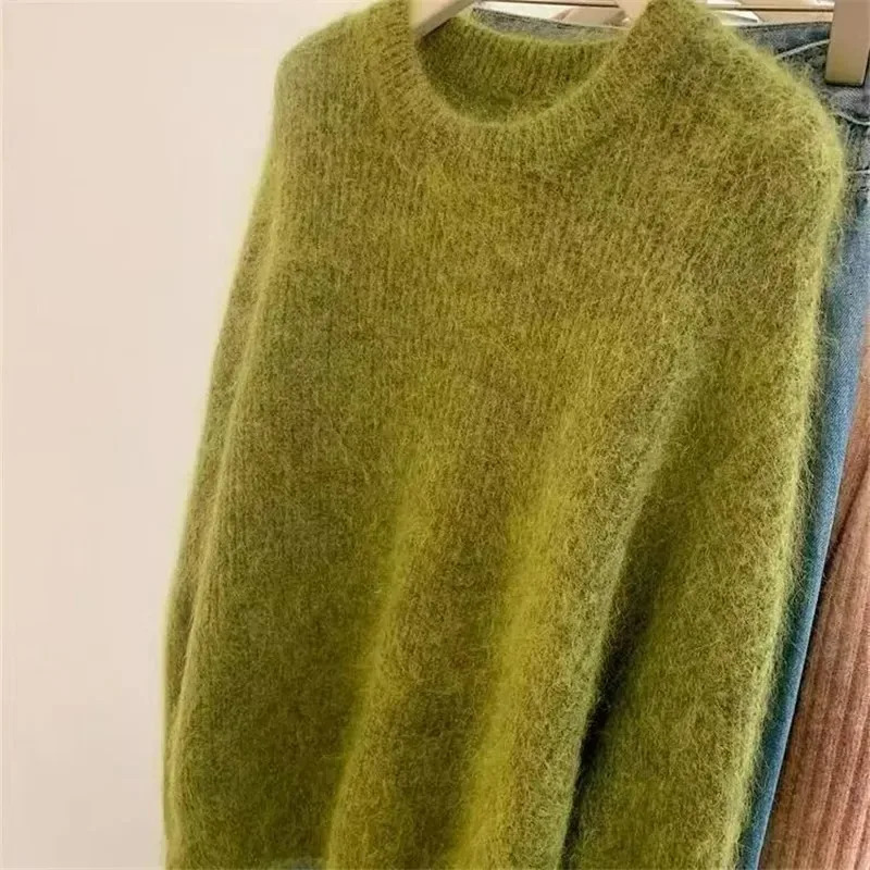Vintage Green Soft Mink Sweater Lazy Style O Neck Knit Pullover Autumn Winter Loose Women Mohair Knitwears Jumper 251219 c9