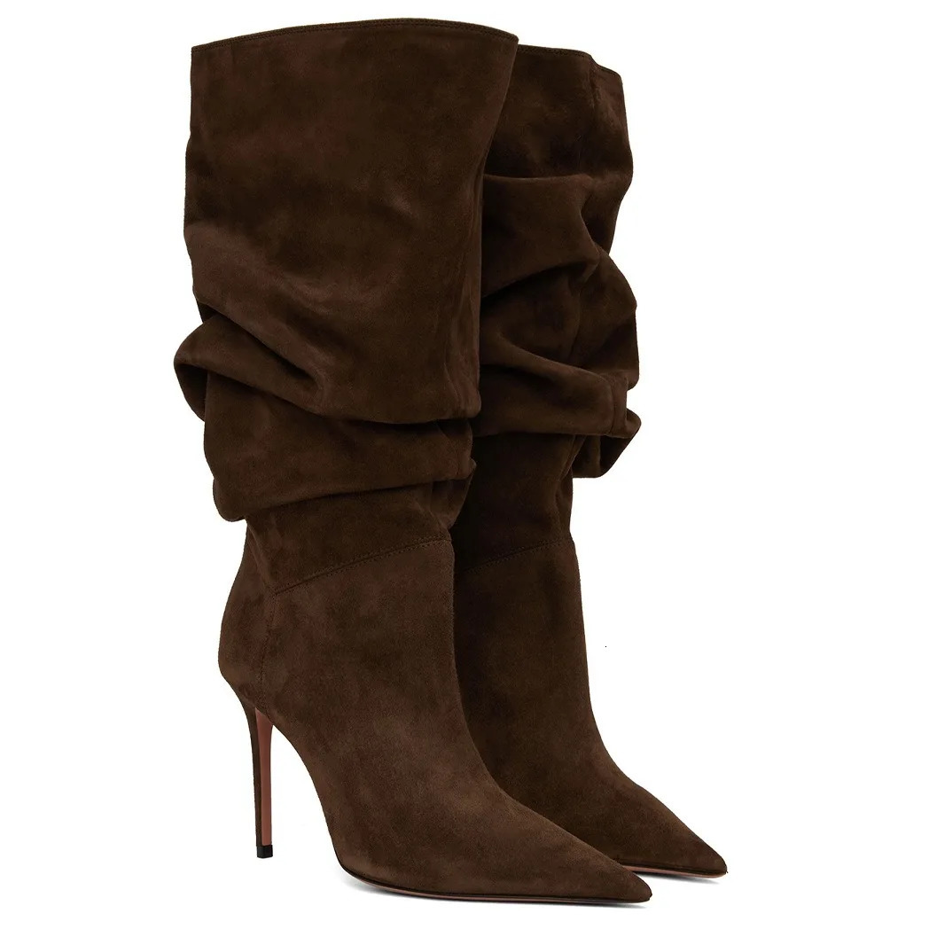 2025Womens automne et hiver bottes courtes plissées à talons hauts avec manches pointues femmes 35-47 grandes bottes mi-longues 251216