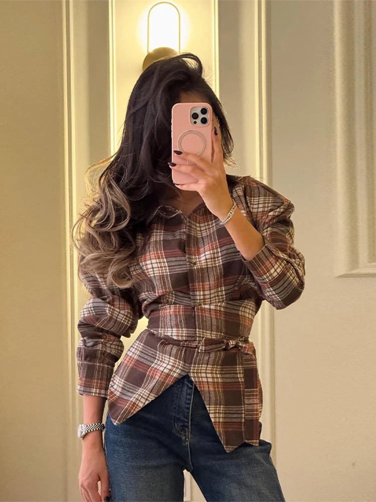 Tie-Waist Plaid Single-Breasted Shirt Long Sleeve Asymmetric Hem Slim Autumn Causal Women Top Fashion Retro Chic Blouse 251219