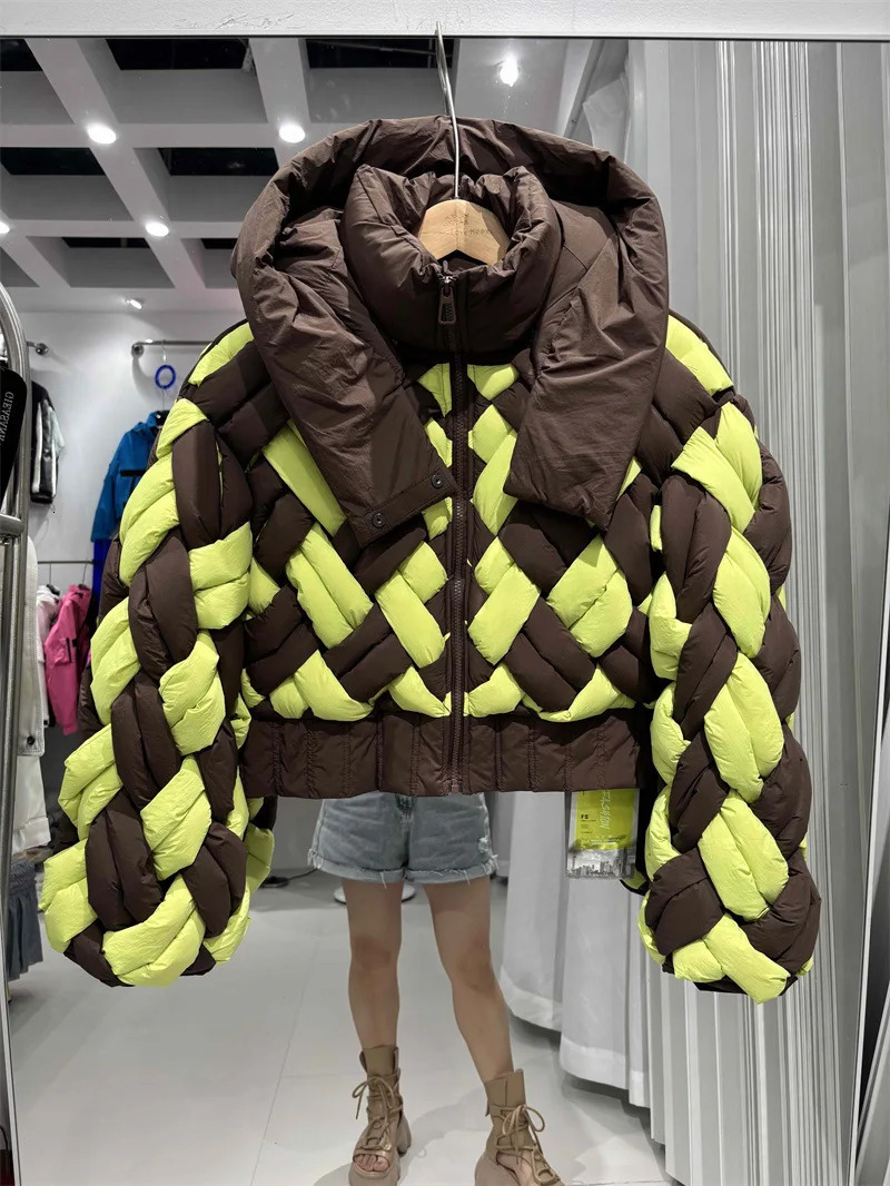 Winter 90 White Duck Down Hooded Parker Outwear Women Zipper Loose Quilted Short Jacket Female Patchwork Twists 251219