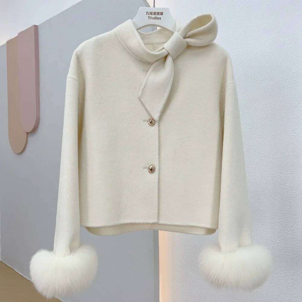 Ladies New Winter Natural Fox Fur Cuff Outwear Female Coat Cashmere Wool Woolen Women Luxury Jacket