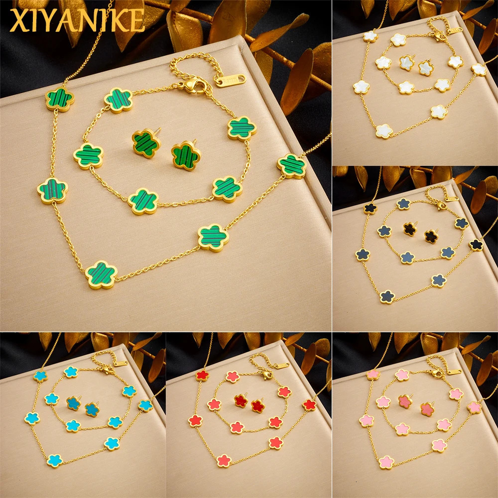 XIYANIKE 316L Stainless Steel 5-Leaf Flower Earring Bracelet Necklace Jewelry Set Exquisite Clover Accessory Women Trendy Gift 251218