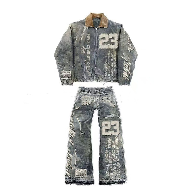 European and American Cross border 2025 New Street Retro Letter Jeans Men's Special Denim Jacket Set S-2XL