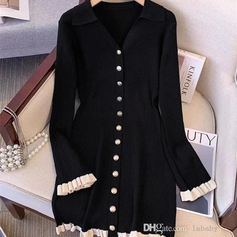 Robe française en tricot pour femmes, tenue décontractée de base, élégante, Vintage, manches longues, col en v, Sexy, Y2k