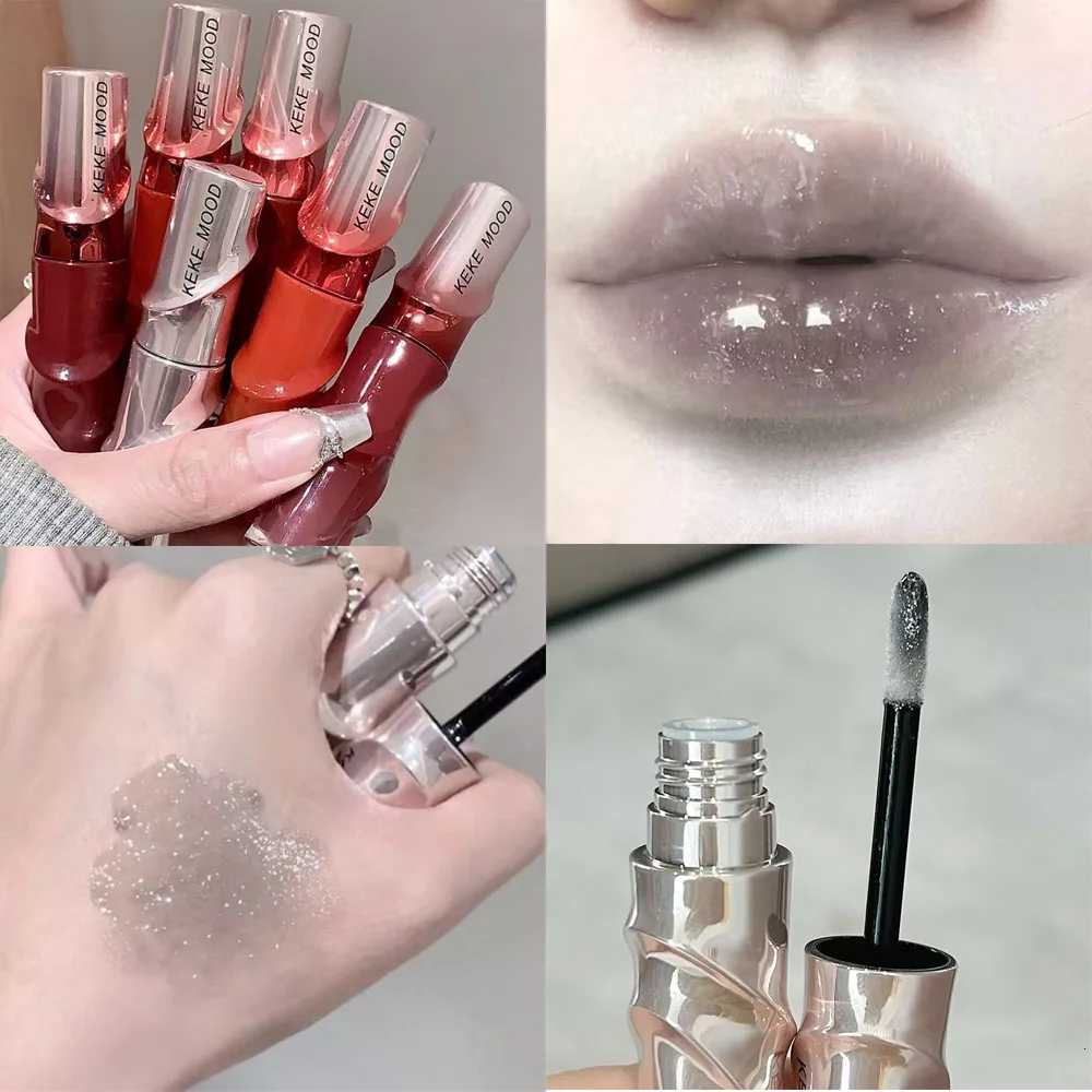 Crystal Nude Gray Glossy Lip Stain Mirror Korean Lip Glaze Sheer Nude Glitter Lip Tint Watery Shine Plumping Lipgloss CosmeticsT251222-image-1089259310