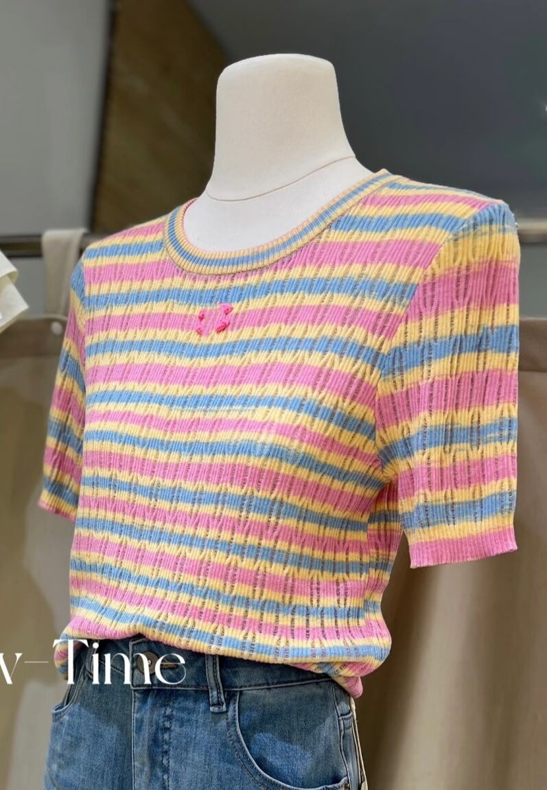 Women rainbow colorful knitted short sleeve designer knits logo letter embroidery tees tops SML