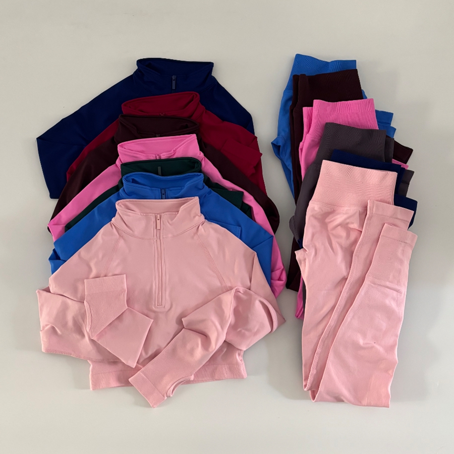 Gym Set Women Seamless Crop Top shirts Half Zipper Long Sleeves Yoga Set Fitness Clothing Scrunch Bum Yoga Leggings Tank Top Workout Outfits Sportsw