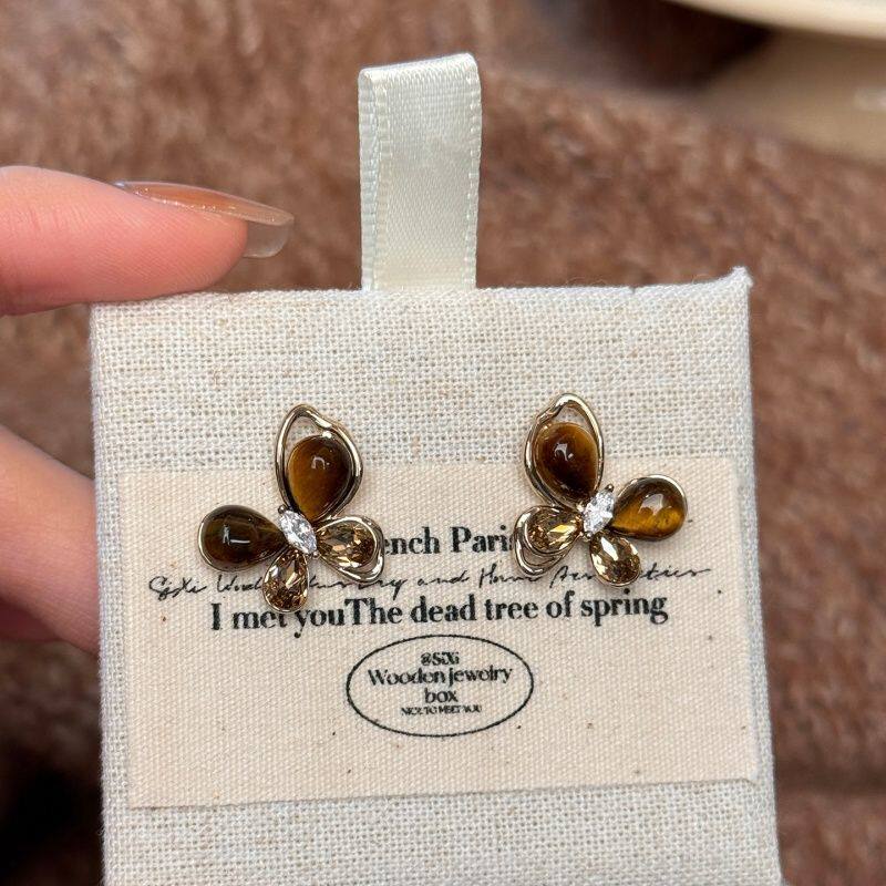 Silver Needle Zircon Tiger Eye Stone Butterfly Melad Vintage Exquisite Petite Versatile Earrings Light Luxury Niche Ear Jewelry-image-1089250144