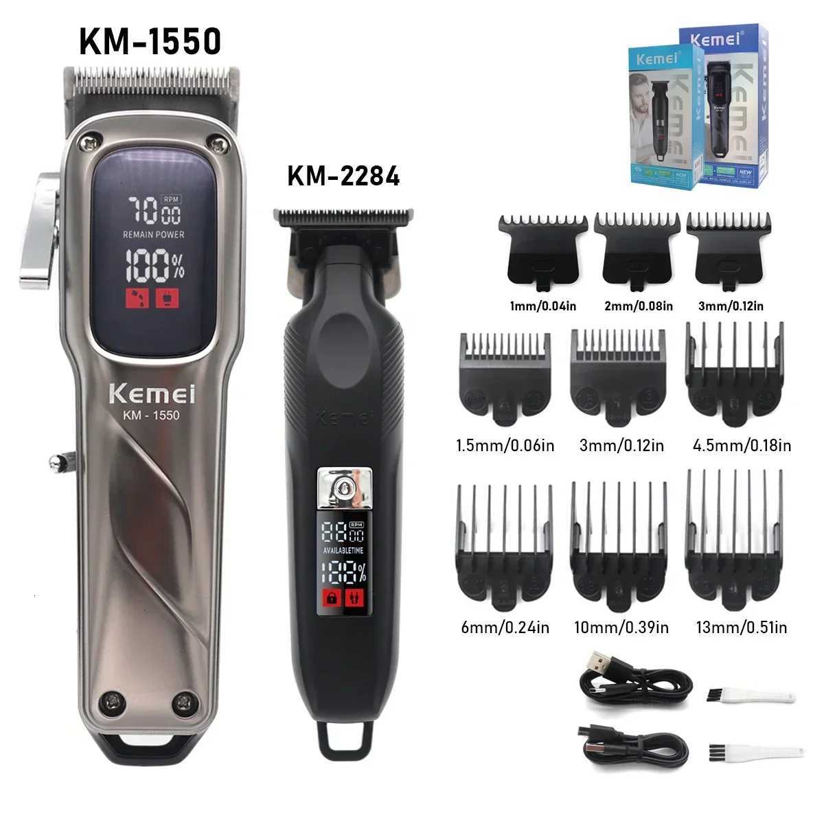 Kemei Km-1550 Km-2284 Mens Hair Clipper LED Display Low Noise Cordless USB Interface Hair Cutting Machine Hair TrimmerT251217-image-1089238476