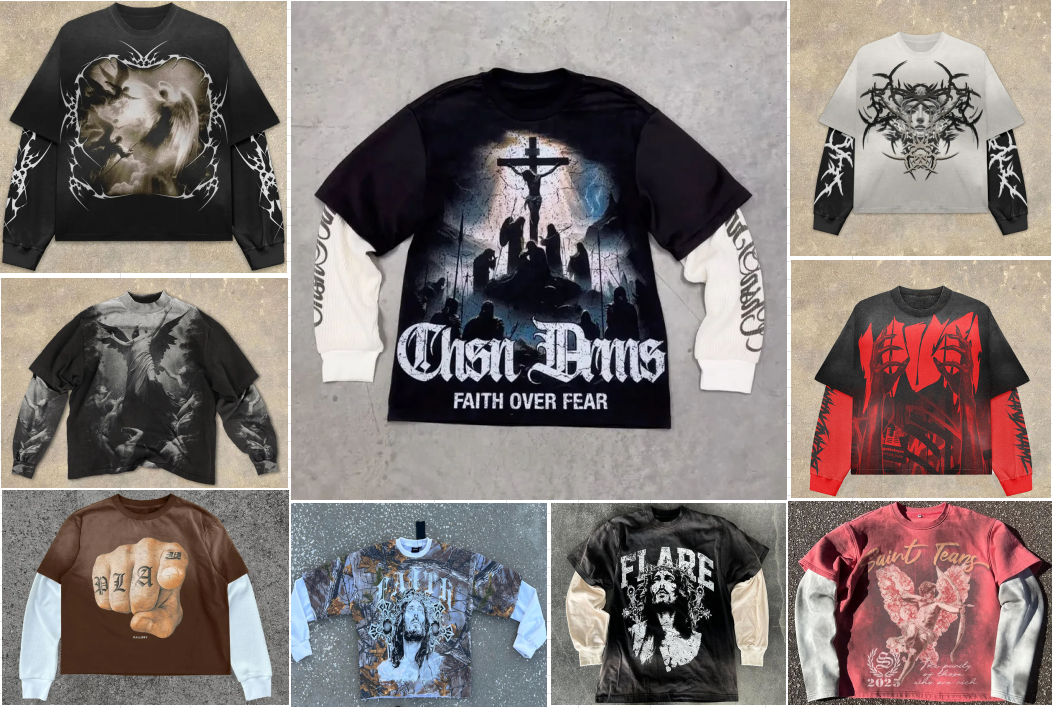 Summer printed American retro round-neck long-sleeved two-piece imitation design hip-hop Gothic sweatshirt