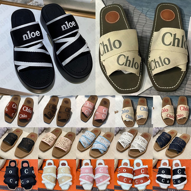 2026 designer Woody sandals for women Mules flat slides Light tan beige white black pink lace Lettering Fabric canvas slippers womens summer clogs o