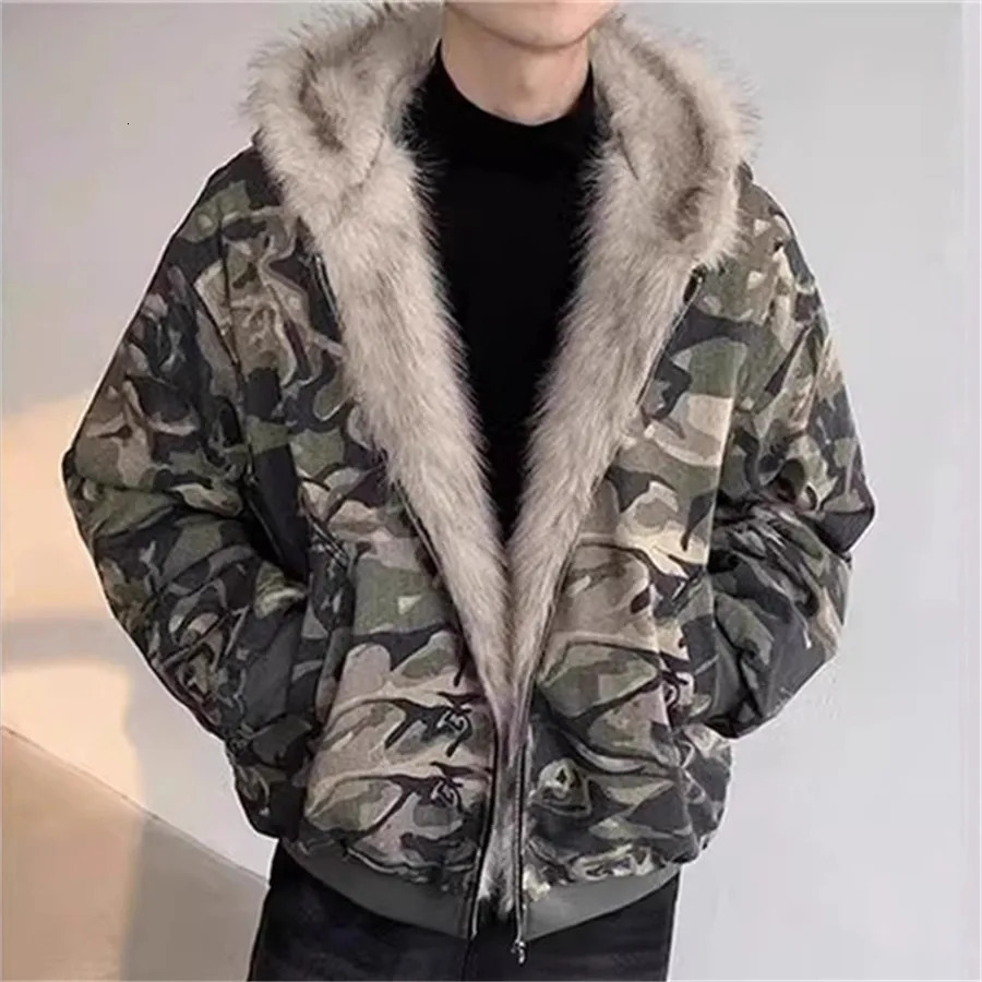 2026 Autumn Winter Retro Y2K Camouflage Men Hooded Jackets Zipper Faux Fur Collar Thick Overcoat Hip Hop Loose Streetwear 251222