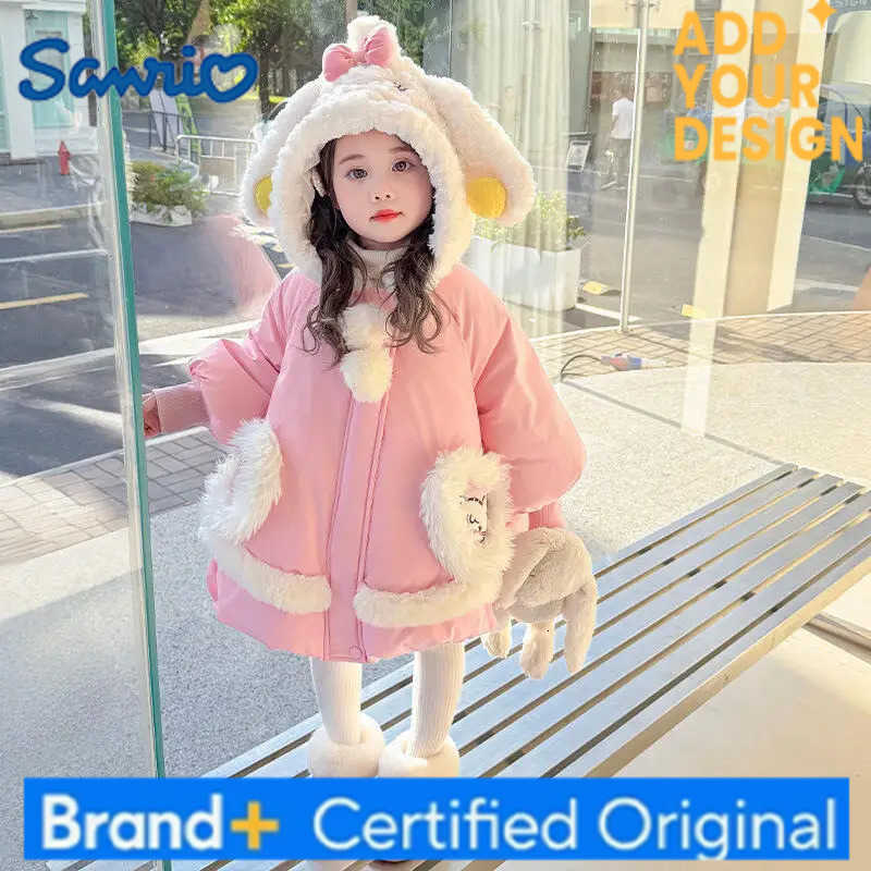 Sanrio Kawaii Girl Fashion Keep Warm Cotton-Padded Jacket Student Winter Casual Thicken Mid-Length Hooded Tops Childrens Clothing New H251223-image-1089508329