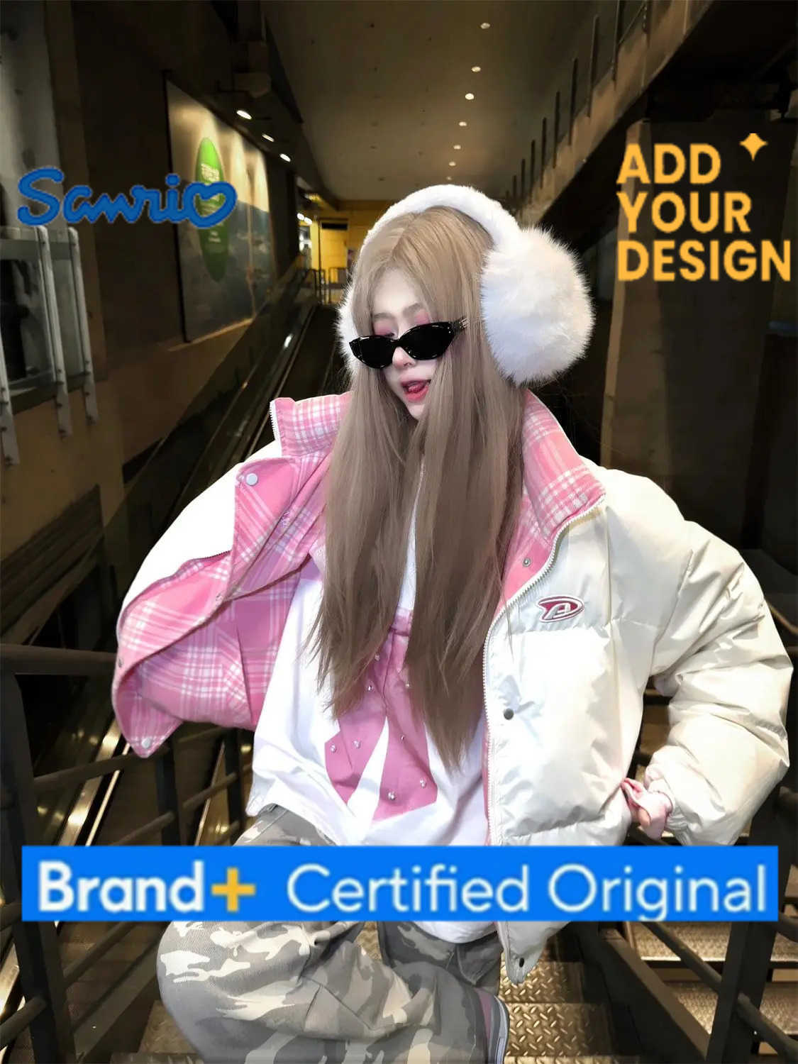 Sanrio Winter Trend Retro Letter Embroidery Double-Sided Striped Collar Ladies Coat Korean Version Thickened Cotton-Padded Jacket H251223-image-1089512703