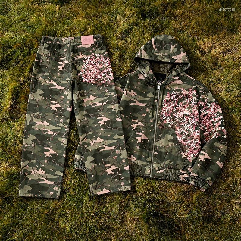 Men's Tracksuits Two Piece Vintage Cherry Blossom Selvedge Embroidery Camouflage Set Oversized Hoodie Men Women Wide Leg Pants