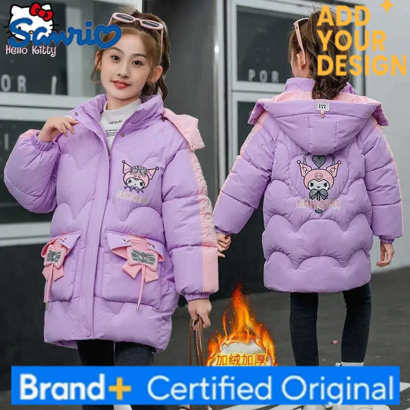 Sanrio Girls Kuromi Warm Winter Cotton Jacket Cartoon Autumn Winter Anime Girls Kawaii Hooded Mid Length Thickened Cotton Jacket H251223-image-1089513093