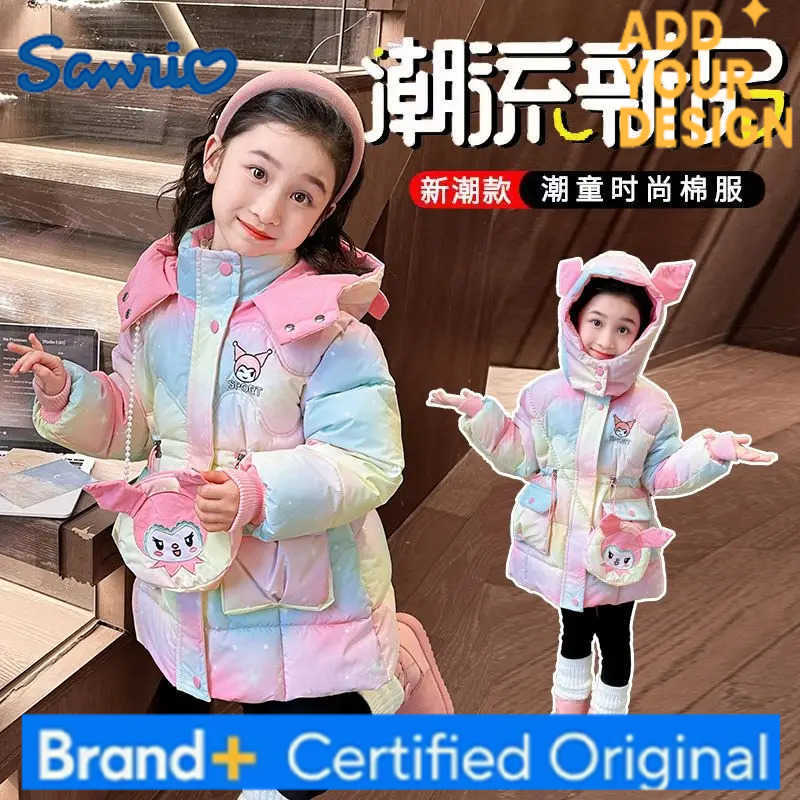 Sanrio Girls Winter Cotton Padded Jacket Anime Kuromi Princess Kids Hooded Thicken Coat Kawaii Warm Clothes Outwear with Bag H251223-image-1089510529