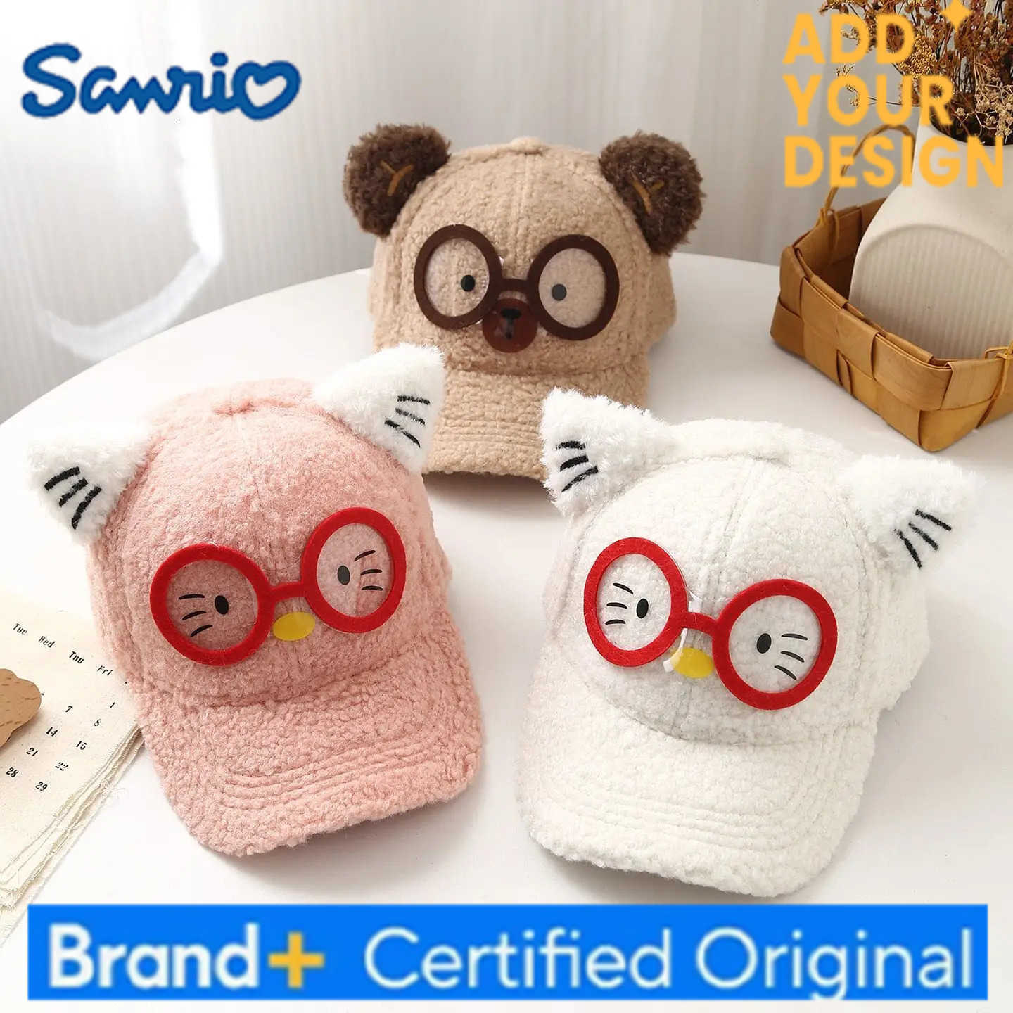 Sanrio nouveau bébé chapeaux créatif chat lunettes cadre casquette de baseball mignon dessin animé chaud hiver laine d'agneau Boom Cap cadeaux po