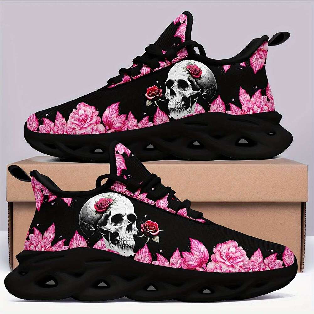 Chaussures d'extérieur pour femmes avec imprimé crâne et rose, semelle légère en EVA, confort rembourré, tissu respirant antidérapant, chaussures