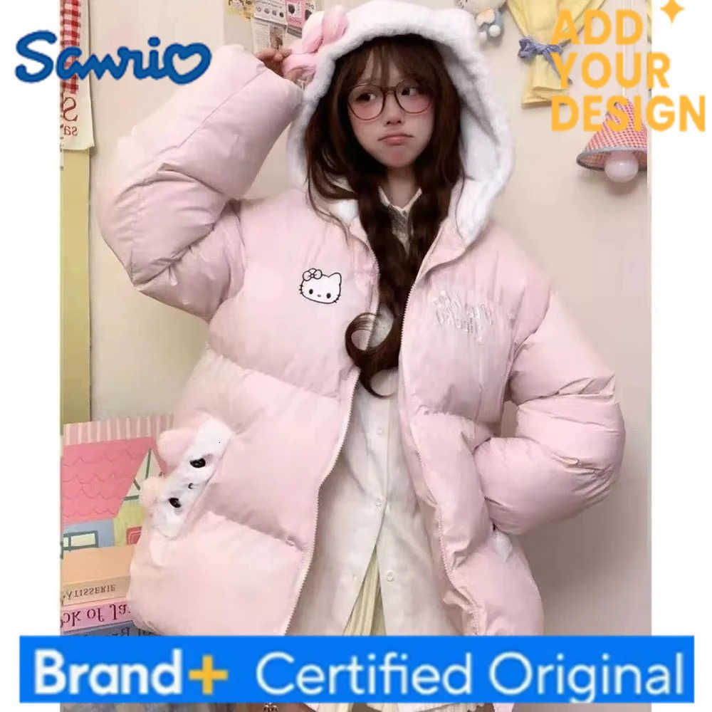 Sanrio Hello Kitty Winter Cotton-Padded Jacket Embroidery Coat Cartoon Thicken Cotton Clothes Loose Warm Sweet Girls Hooded Jacket Tops H251223-image-1089513012