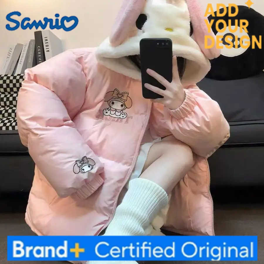 Sanrio Kawaii My Melody Cotton Padded Jackets for Women Autumn Winter Girl Cinnamoroll Thickened Warm Student Zipper Hooded Jacket Warm H251223-image-1089509878
