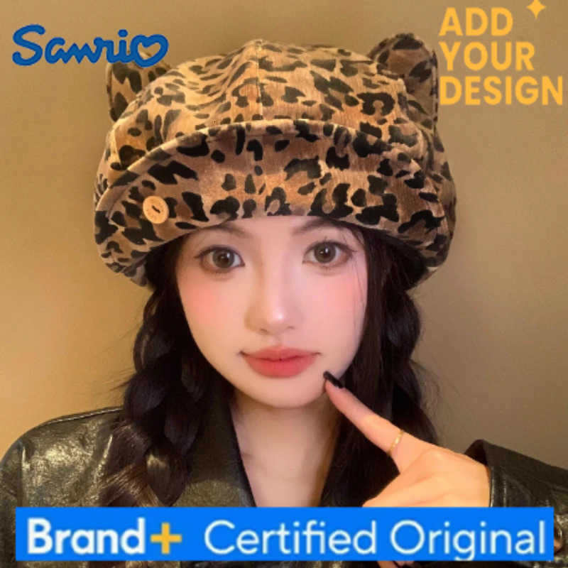 Sanrio Niche Personality Leopard Print Cat Ear Berets for Womens Spring and Autumn Y2k Large Version Soft Brim Octagonal Painter Hat H251223