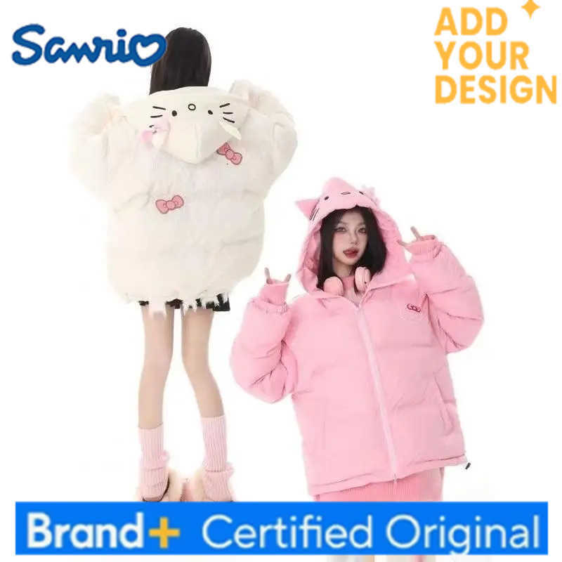 Sanrio Hello Kittys Women Down Jacket Sanrios Girls Winter Thickened Hooded Coat Cute Student Embroidery Tops Loose Warm Cotton Clothes H251223-image-1089512431