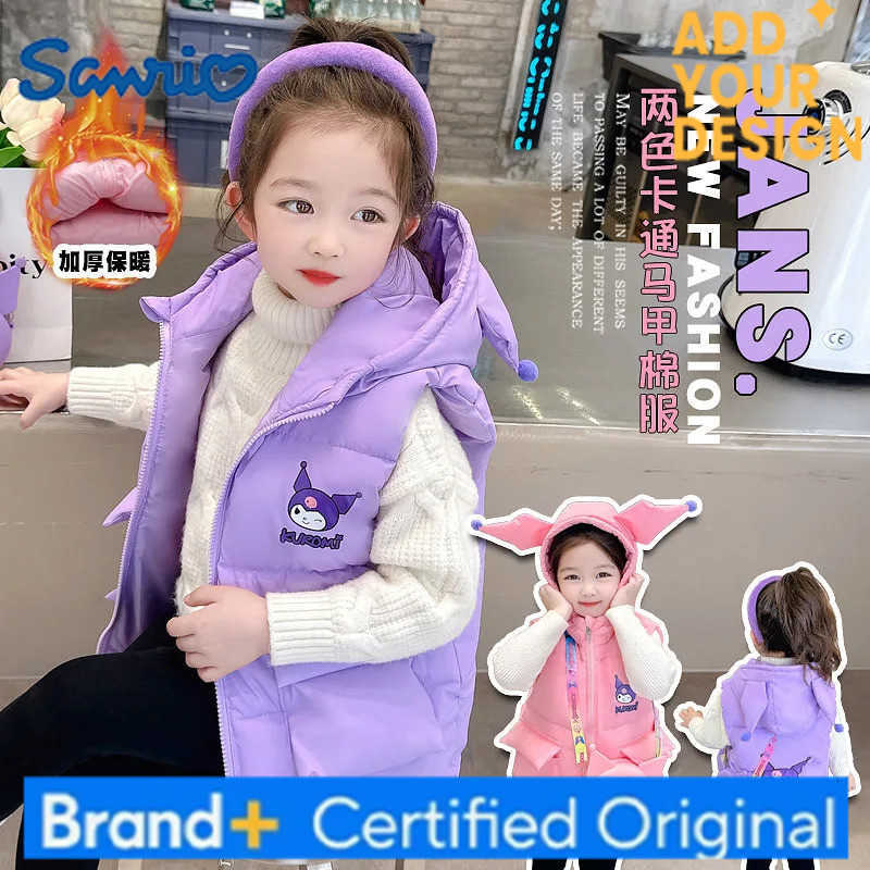 Sanrio Kuromi Child Cotton Clothes Girl Vest Autumn Winter Wear Outside Thicken Velvet Cotton Vest Hooded Cardigan Childrens Clothing H251223-image-1089512404