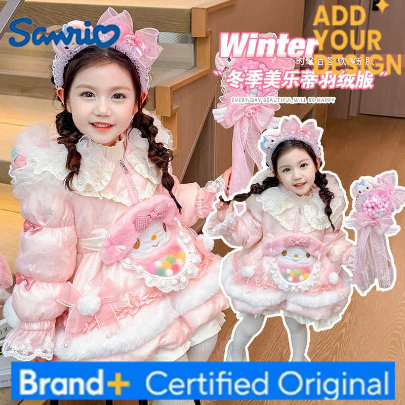 Sanrio Anime My Melody Girl Lolita Long Down Jacket Dress Kid Winter Thick Coat Bow Decoration Birthday Dress Velvet Top Festival Gift H251223-image-1089514293