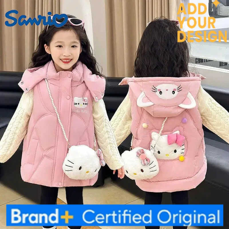 Sanrio Hello Kitty Kids Cartoon Cotton Vest Girl Kawaii Leisure Hooded Coat Thick Warm Versatile Coat Winter Clothes Girls Gift H251223-image-1089511499