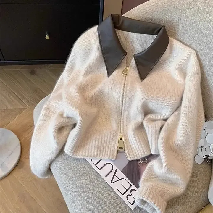 Spliced Leather Collar Knit Sweater Fashion Double Zipper Cardigan Womens Autumn Winter Soft Vintage Long Sleeve Streetwear Hip Hop Quality Sweater