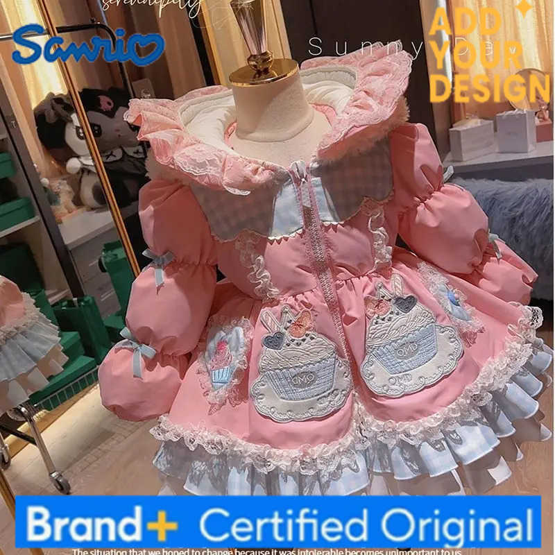 Sanrio Childrens Cotton Clothes Winter Girls Solid color Princess Party Cute Hooded Jacket Long Coat Warm Thicken Kids Outerwear Snow c H251223-image-1089508806